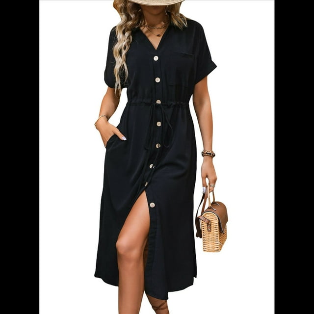 Vestido de Verano para Mujer, de Color Liso, Informal, de Corta, con Botones y Cuello en V, con Bolsillos. Negro L