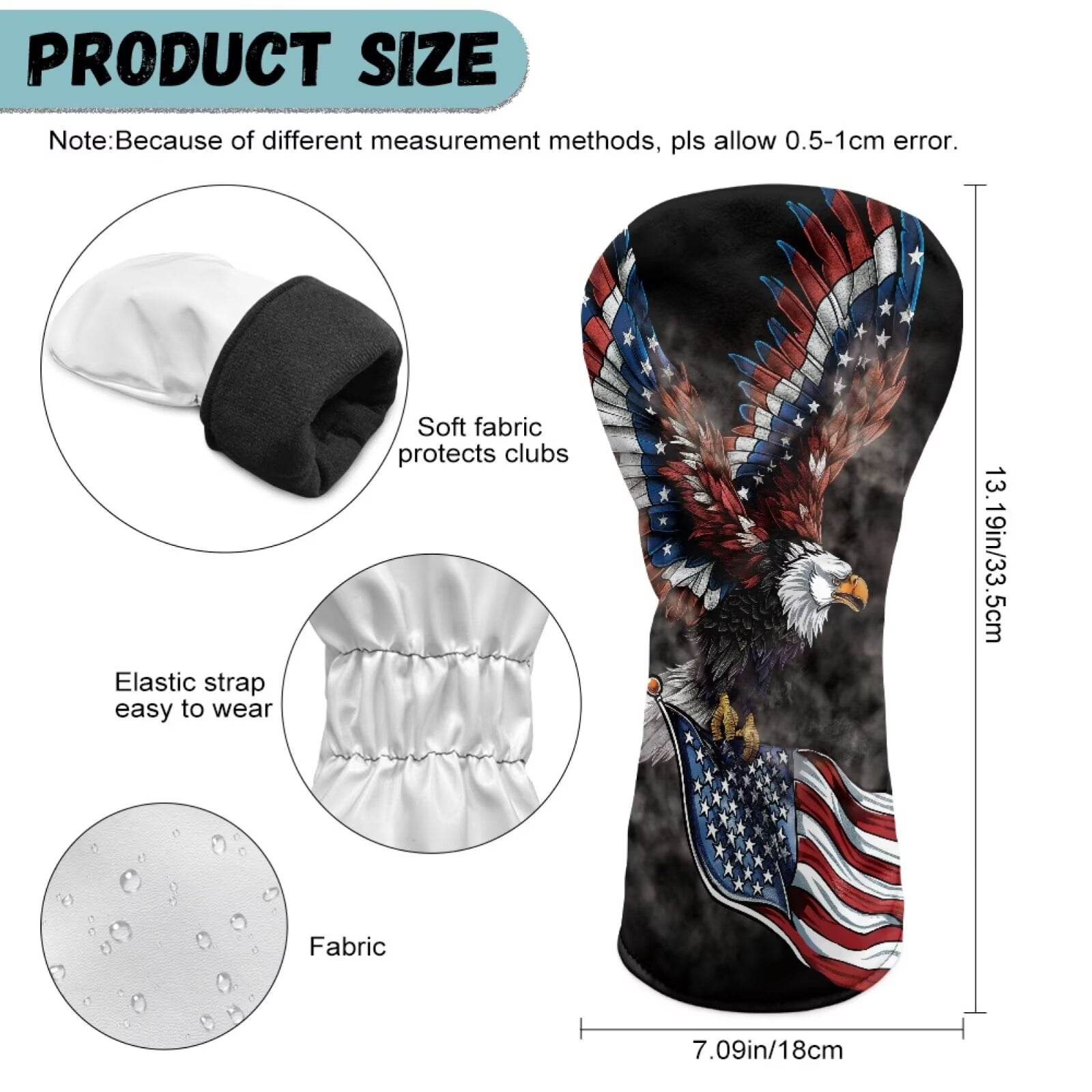 Uorisanigo Golf Club Headcover 3/5 Wood Headcover Elastic Closure Premium Leather Bald Eagle American Flag Golf Driver Headcovers, Fairway Wood Head Cover, Hybrid Cover, Set of 3