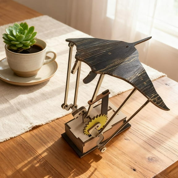 Yiasten Motorized Manta Ray Sculpture - Handcrafted Wooden Automaton with Lifelike Swimming Motion for Home & Office Decor