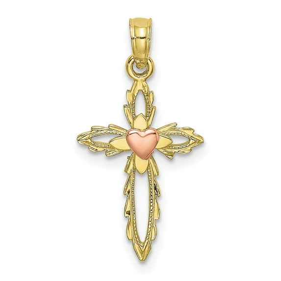 FB Jewels 10K Yellow and Rose Two Tone Gold Cross with Pink Heart Center Cut Out Pendant