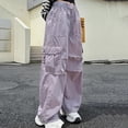 thumbnail image 5 of AherBiu Cargo Pants for Girls Kids Teens Elastic High Waisted Straight Wide Leg Baggy Loose Hiking Pants with Multi Pockets(14-15Years,Purple-01), 5 of 8