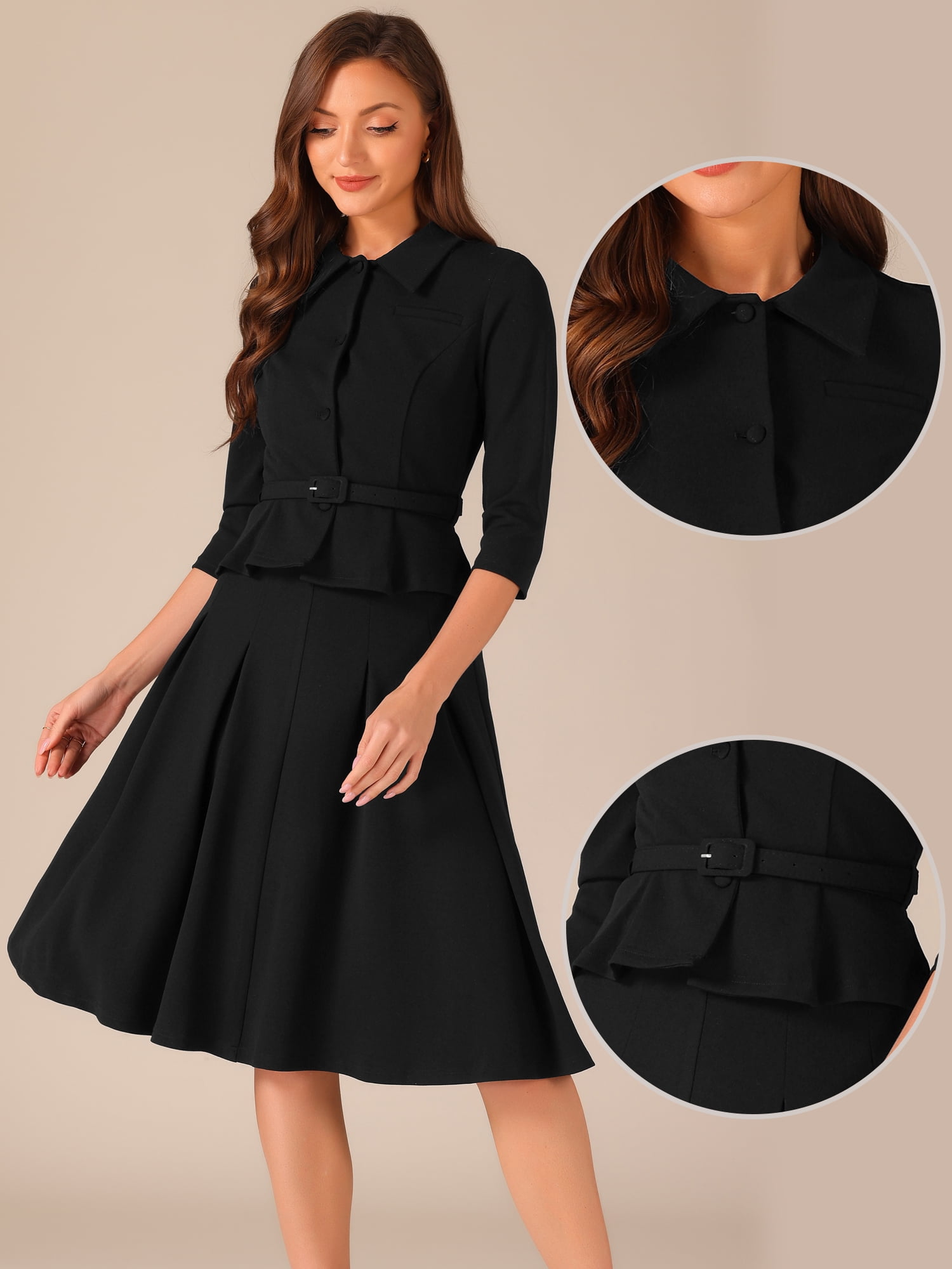 DARING DIVA Women's 2 Pcs Long Sleeve Jacket Pleated Skirt Suit Sets L Black