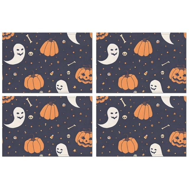 Hallowmas Grimace Pumpkin Ghost Boo 4 PCS Table Mats Durable Linen Placemats 12 X 18 Inch Seasonal Farmhouse Holiday Rustic Decor for Kitchen Dining Table Halloween Gifts