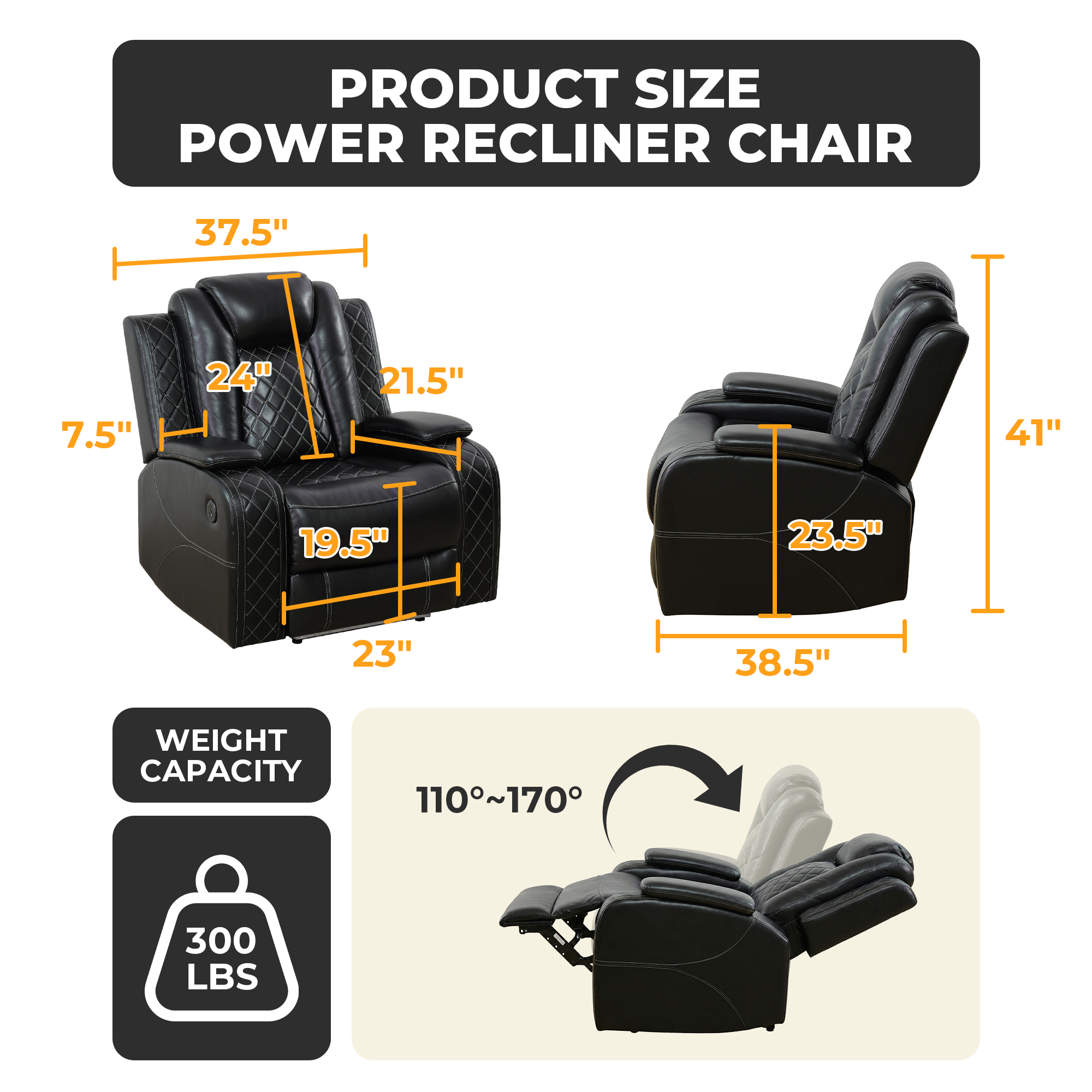 Alvantor Power Recliner Chair with USB Ports Leather Electric Home Theater Seating, Living Room Chair Black