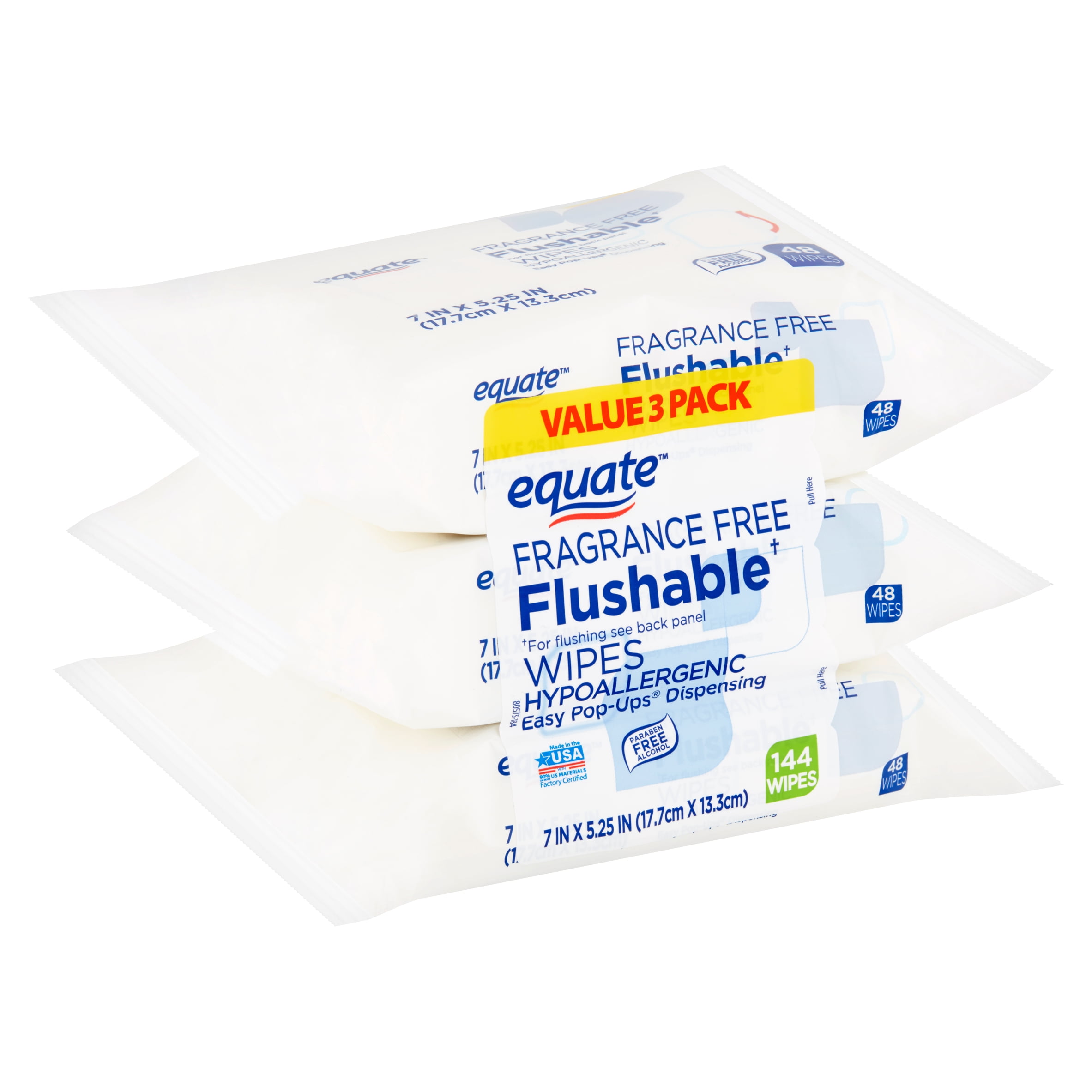 Equate Flushable Wipes Fragrance Free Value 3 Pack 144 Total Wipes Walmart Com