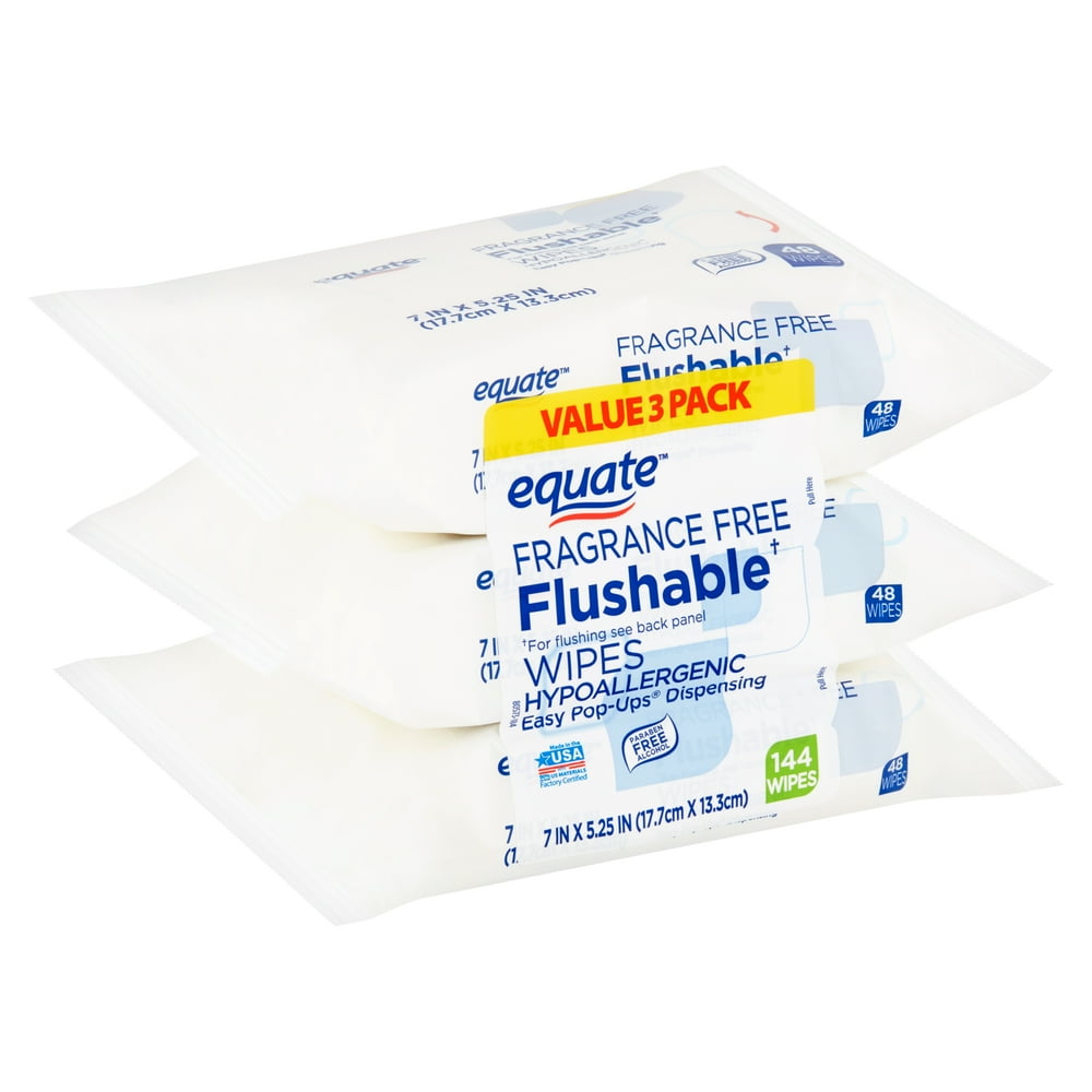 Equate Flushable Wipes, Fragrance Free, Value 3 Pack, 144 Total Wipes