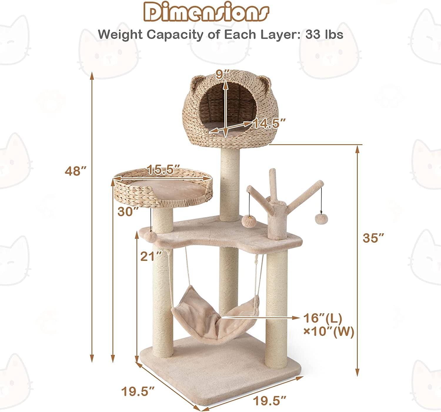 LEHOME Modern Cat Tree Tower, Multi-Level Tall Activity Center with Natural Sisal Scratching Posts, Hammock, Hand-Made Cattail Cute Condo with Funny Toy Balls