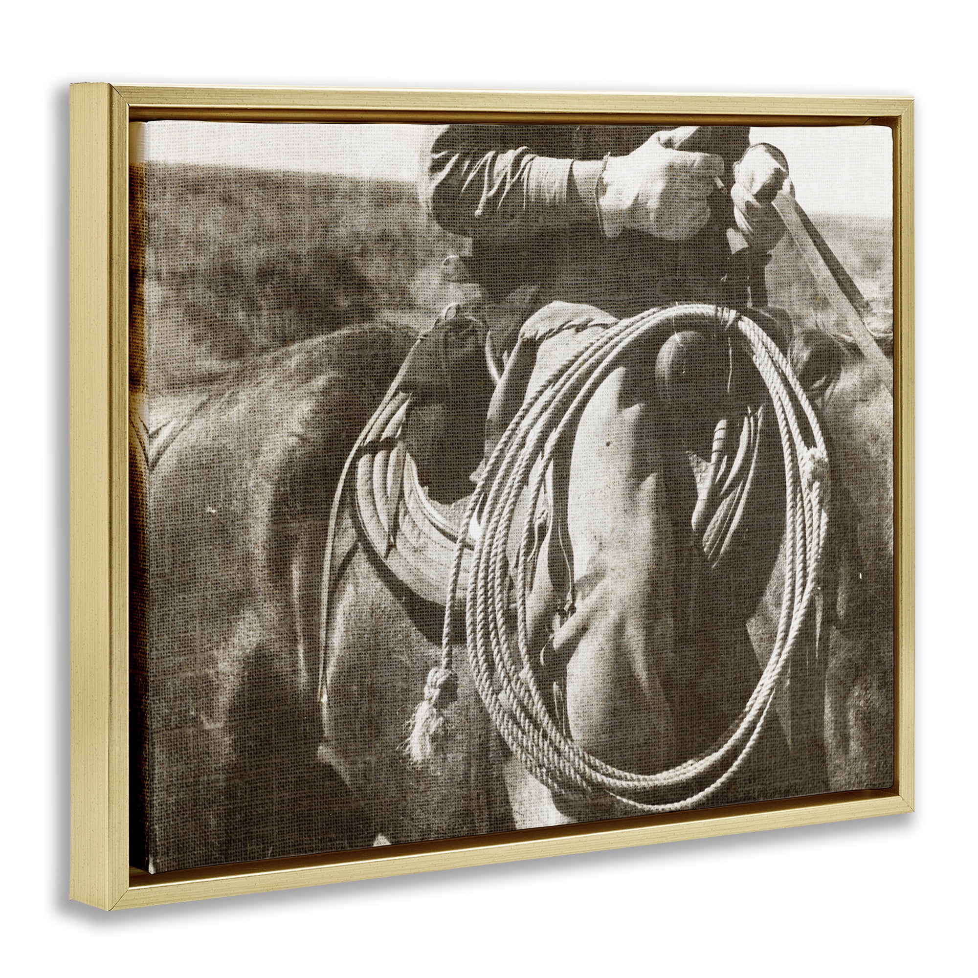 Stupell Industries Cowboy with Lasso Novelty Photography Gold Floater Framed Art Print Wall Art, 31 x 25