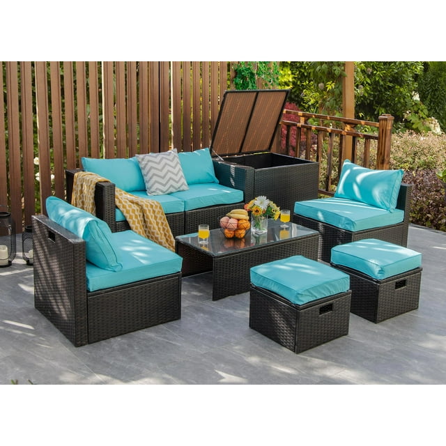 Costway 8PCS Patio Rattan Furniture Set Space-Saving Storage Cushion Turquoise cover