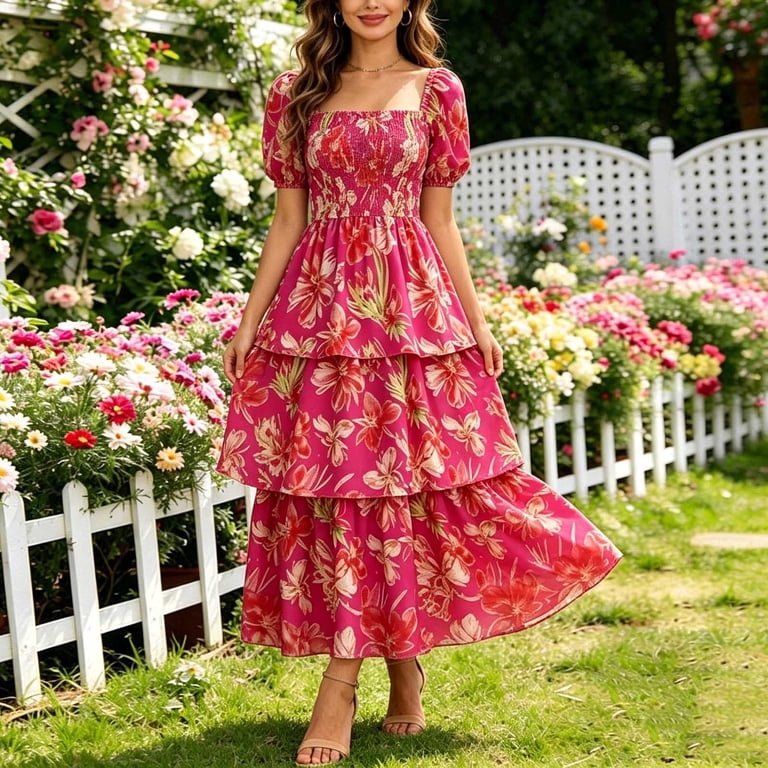 hot pink flowy dress Avrnliq Womens Hot Pink Floral Tiered Maxi Dress Square Neck Short Puff  Sleeve Smocked Bodice Boho Flowy Ruffle Long Dress,Size 2XL