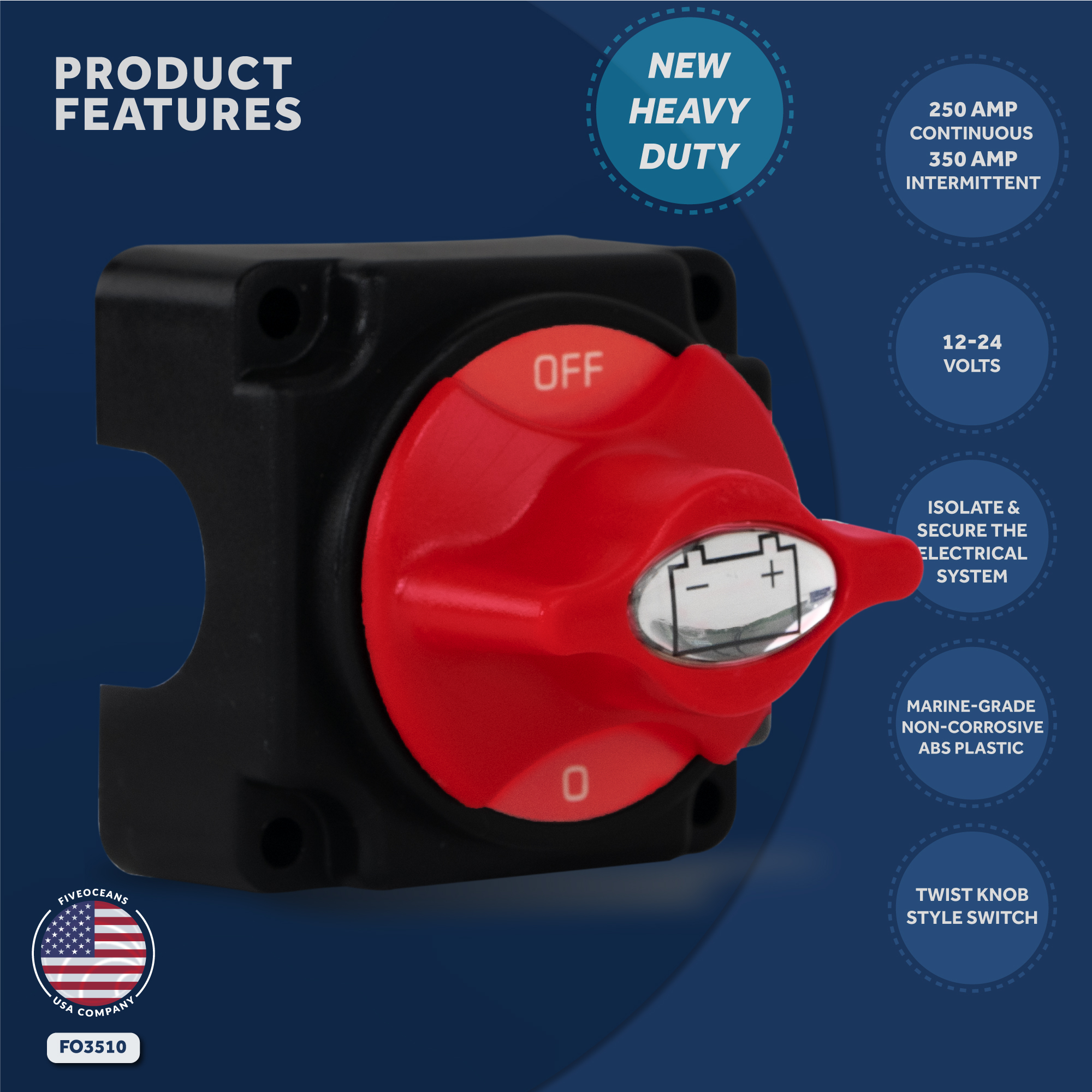 Five Oceans FO3510 Battery Disconnect Switch, Marine Battery Switch On-Off with Knob, 250 Amp Continuous 350 Amp Intermittent, 12-24 Volts