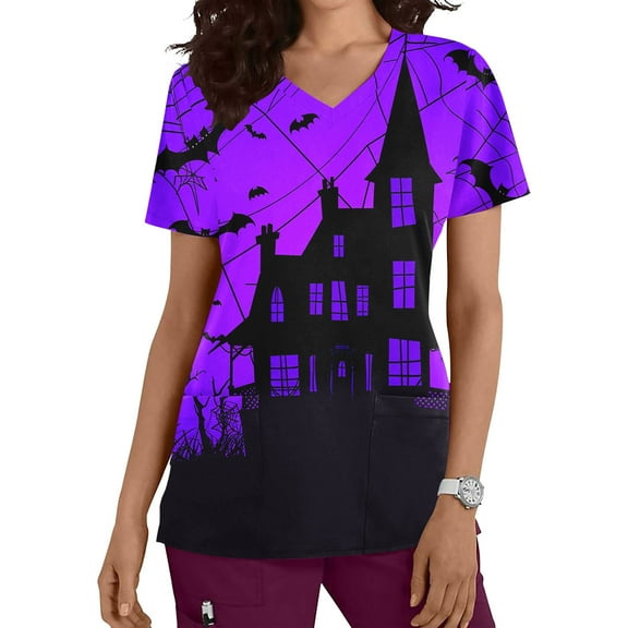 VKOYWKM Women's Halloween Scrub Tops V Neck Short Sleeve Halloween Castle Printed Spooky Tops Nurse Uniforms with Pockets Working Scrubs