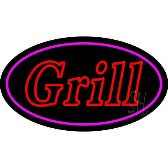 Double Stroke Grill Oval Pink LED Neon Sign 13 x 24 - inches, Clear Edge Cut Acrylic Backing, with Dimmer - Bright and Premium built indoor LED Neon Sign for restaurant window and interior decor.