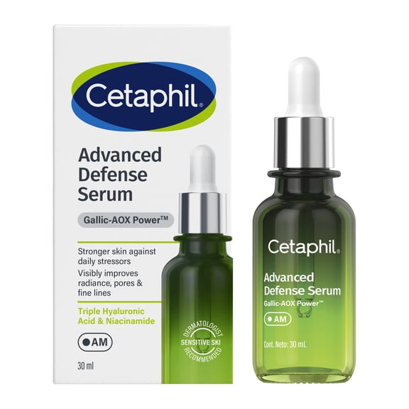 CETAPHIL Advanced Defense Serum, AM Face Serum for Stressed Sensitive Skin, 1 Fl Oz Dropper Bottle, Gallic Acid & Vitamin E