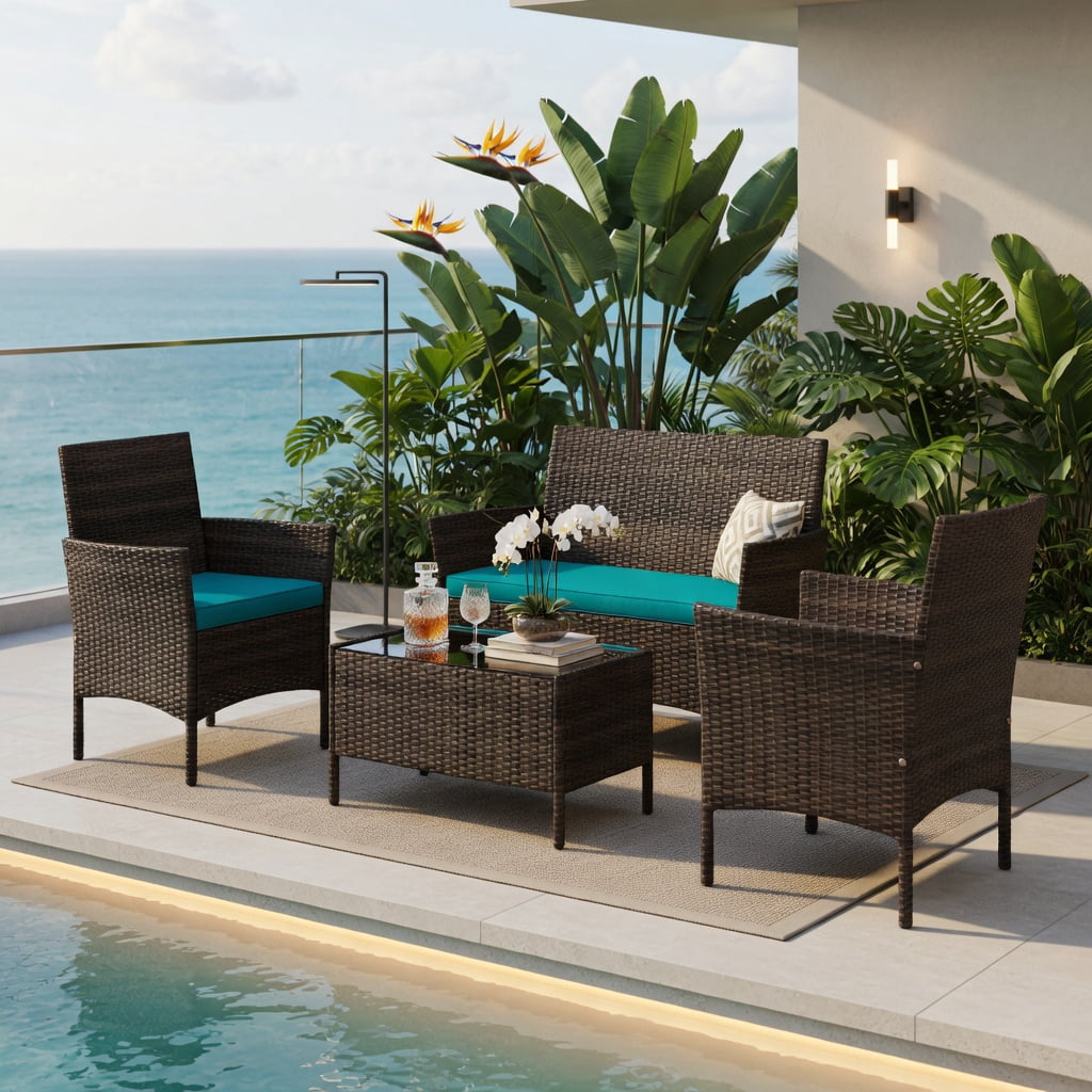 Hommoo 4-Piece Outdoor Rattan Patio Conversation Set with Plush Seat Cushions, PE Wicker Loveseat + 2 Chairs + Tempered Glass Coffee Table, Turquoise