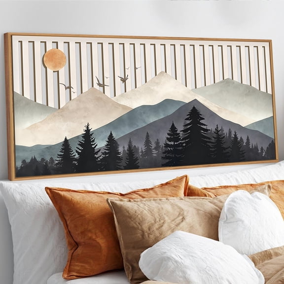Mountain Wooden Wall Art Framed Forest Wall Decor Nature Sun Wall Prints Vintage Landscape Hollow-out Wall Painting for Living Room Bedroom Office 16X32 In