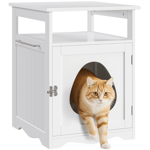 Yaheetech Indoor Wooden Cat Litter Box Enclosure with Open Shelf, White