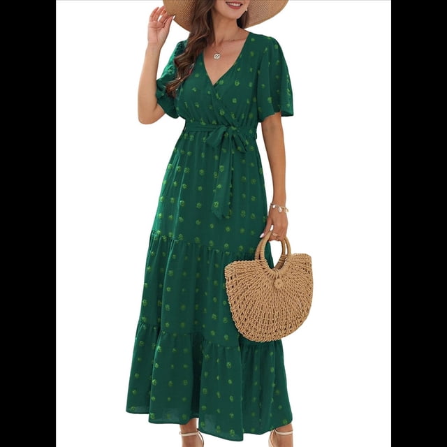Vestido Bohemio de Lunares para Mujer, de Verano, con Cuello en V, Corta, y Fluido, para Invitada A una Boda en la Iglesia Verde L