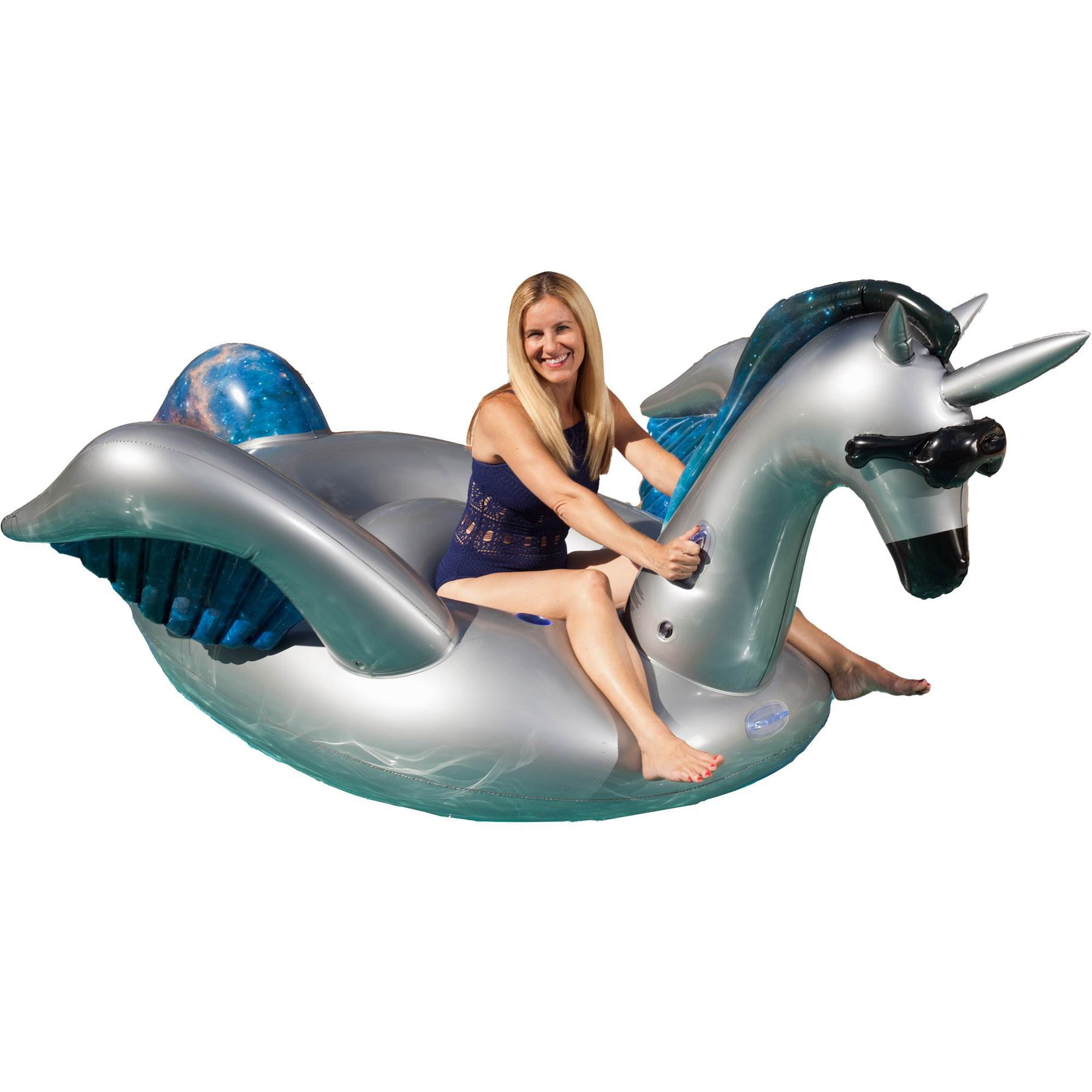 GAME Giant Inflatable Ride-On Rainbow Alicorn Unicorn Pool Float w/ Cup Holders 