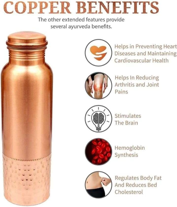 Copper Water Bottle for Drinking 34 oz Extra Large - Premium Handcrafted Ayurvedic Pure Copper Vessel - Drink More Water - Wide Mouth with Leak Proof Lid - BPA Free, Reusable
