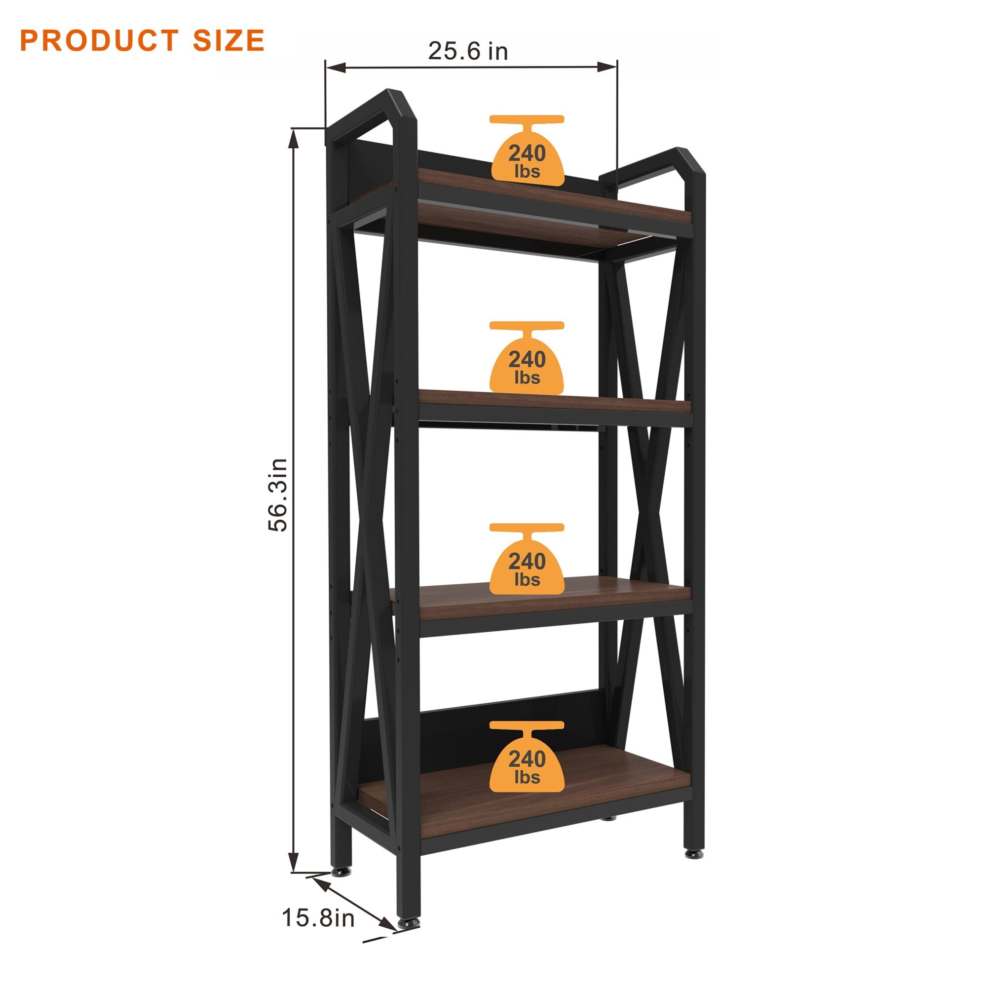 AENKYO 25.6" Wide 4-Tier Kitchen Storage Rack, Heavy-Duty Steel Frame with Rustic Wood Shelves, Metal Pantry Organizer, Black
