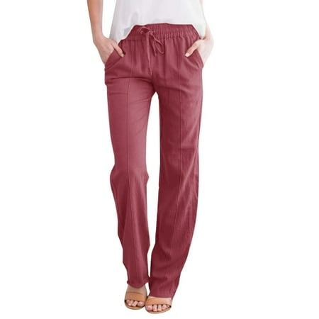 Prdecexlu Linen Pants for Women Plus Size Summer Wide Leg Beach Vacation Elastic High Waist Loose Pants Drawstring Casual Solid Color Baggy Trousers with Pockets Red 2XL