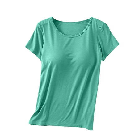 WMTBSRSW Women s Sleep T-Shirt with Built-in Padded Bra Modal Crew Neck Undershirts Short Sleeve Pajamas Tops Loose Comfy Lounge Pajamas Shirt