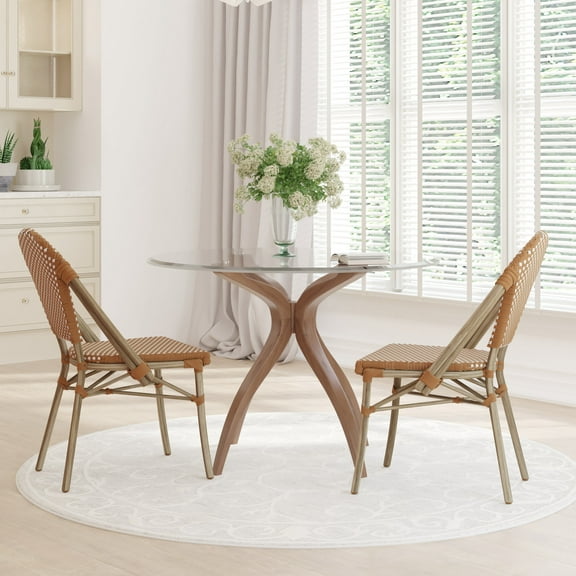 Emma   Oliver Set of Two Indoor/Outdoor Stacking Bistro Chairs with Natural and White Patterned Seat and Back and Light Bamboo Finished Aluminum Frame