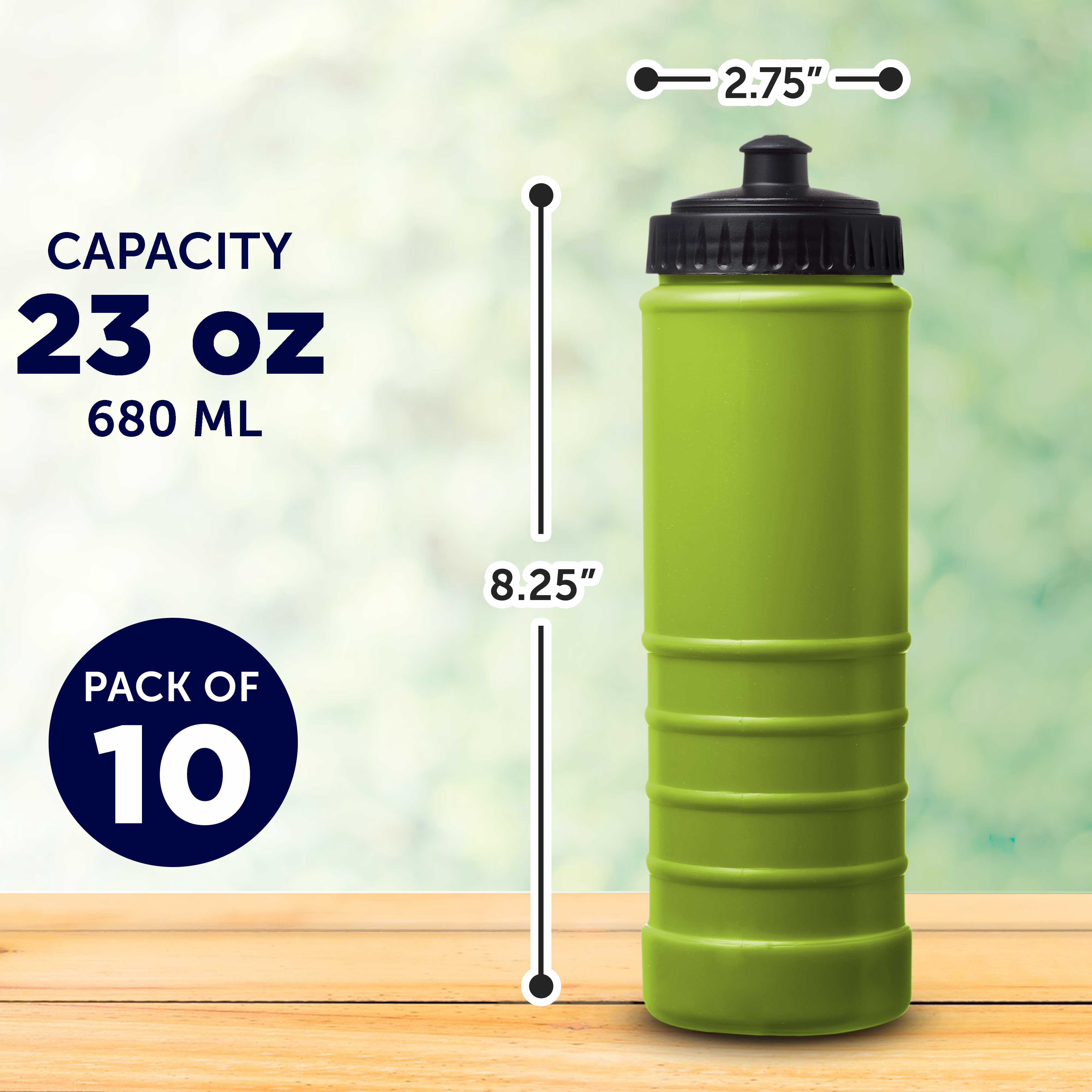 10 Plastic Water Bottles Set, 23 oz. - Screw-On Lid, Grip Design - Lime Green