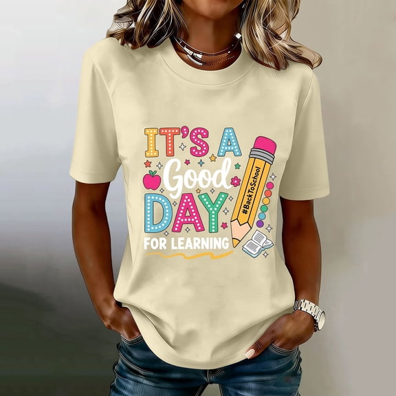 Women's Graphic Short Sleeve Teacher T-Shirt First Day of School Teacher Shirt Women Teacher Life T-Shirt Back to School Teachers Appreciation Gift Tee Top Beige,L