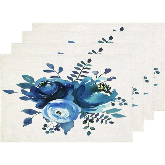 Indigo Blue Hand Floral Bouquet Placemats, Watercolor White Flowers Table Mat Linen Burlap Washable Double-Deck Heat Insulation for Dining Table Kitchen Table Set of 4 (12 x 18 inch)