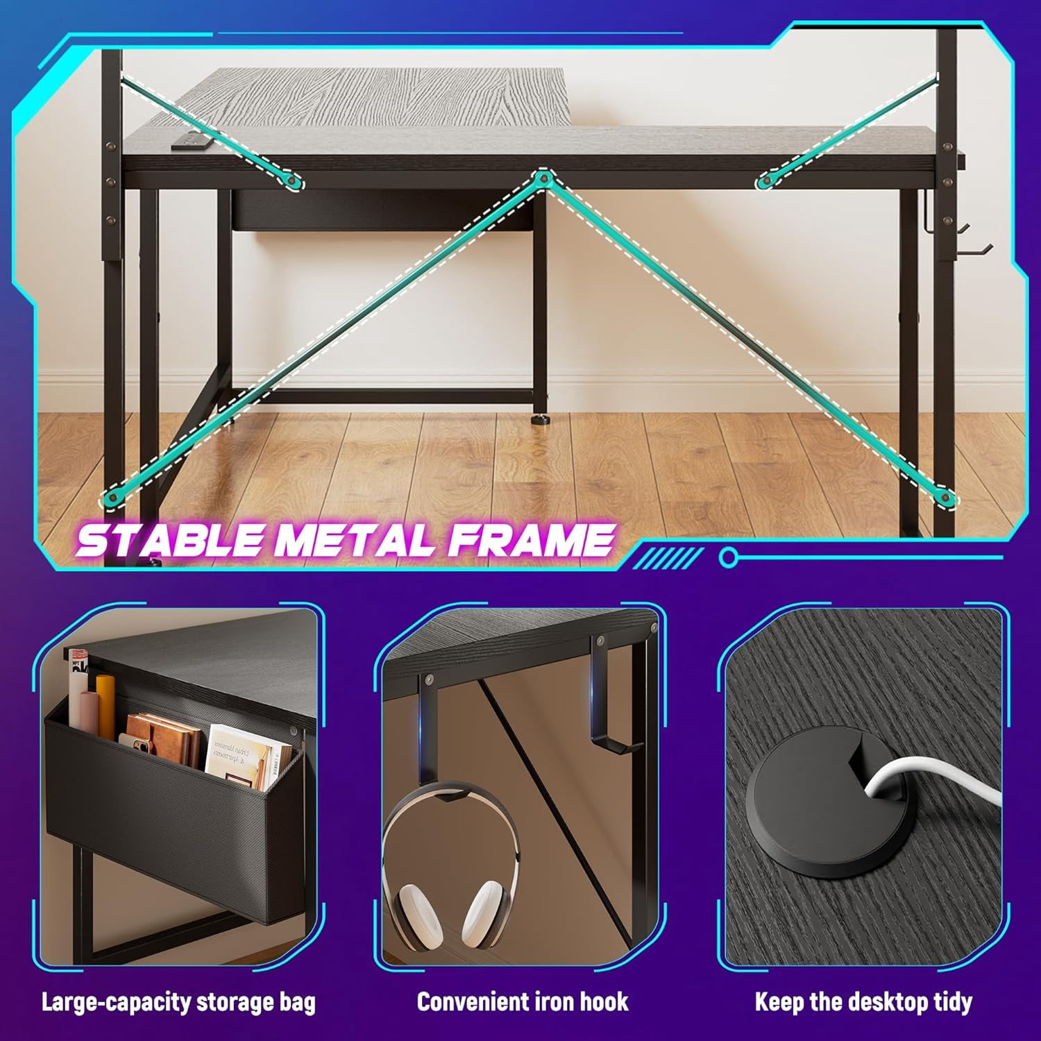 53 Inch L Shaped Desk Gaming Desk with LED Light & Power Outlet, Reversible L Shaped Computer Desk with Shelf & Storage Bag Gamer Corner Desk with Headphone Hook for Home Office Desk, Black