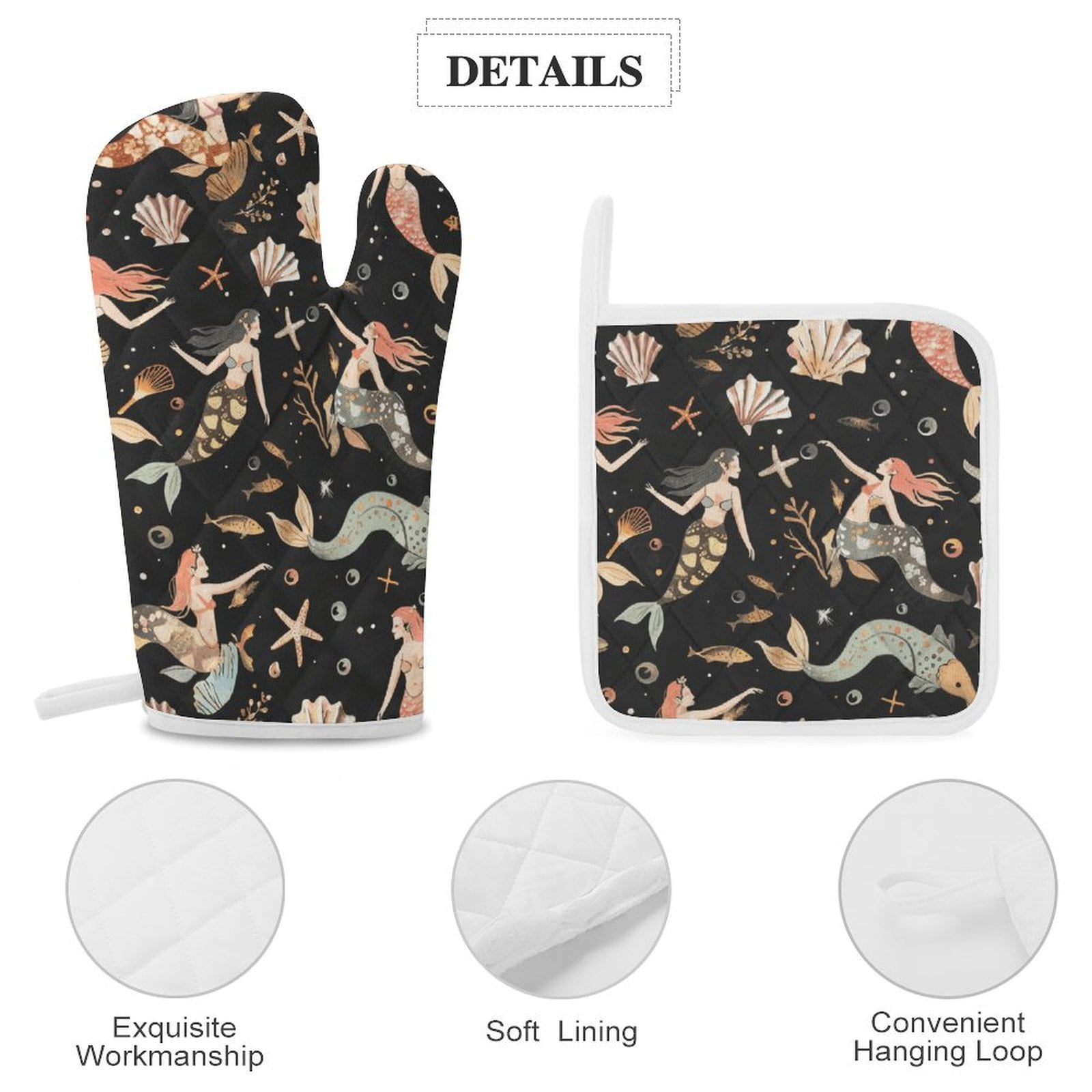 Ocean Cute Mermaid Heat Resistant Microwave Oven Gloves Set for BBQ Baking Grilling,Baking Gifts Cooks for Women,Housewarming Gifts for New Home