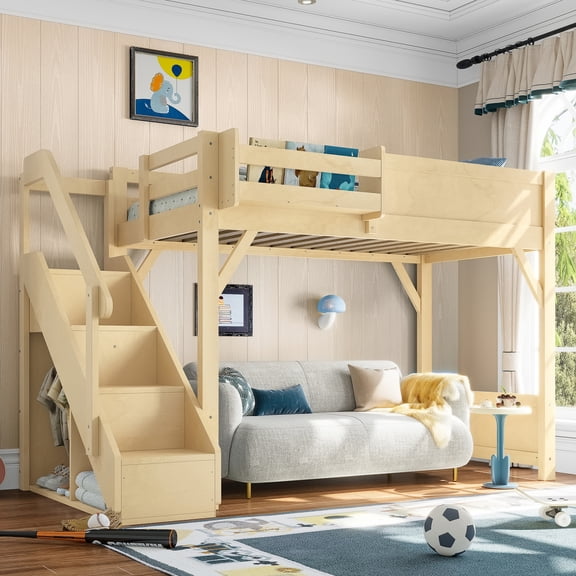 NOBRAND Solid Wood Built-in Wardrobe and Storage Space Twin Loft Bed with Beside Shelves Off-White