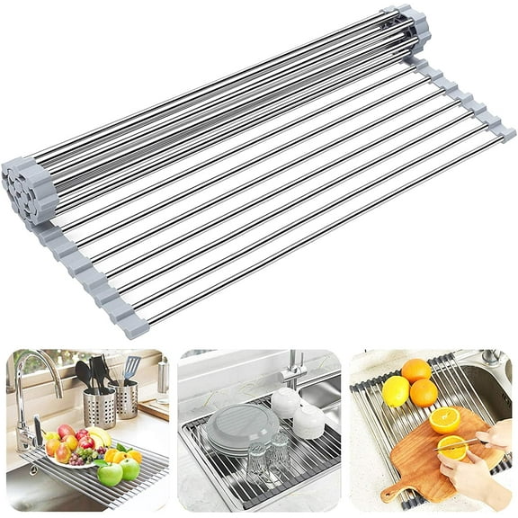 Over The Sink Dish Drying Rack, Roll up Sink Dish Drainer Rack Foldable Kitchen Stainless Steel Dish Rack Sink Drying Rack (17.7"x 11.8")
