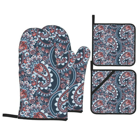 

Oven Mitts and Pot Holders 4 pcs Set Red Blue White Paisley Heat Resistant Pot Holders Oven Mitts for kitchen Non-Slip Hanging Loop Oven Glove Potholders for Baking Cooking