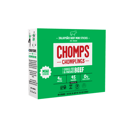 Chomplings Grass-Fed and Finished Jalapeno Beef Jerky Snack Sticks, 4g of Protein (24 Count)
