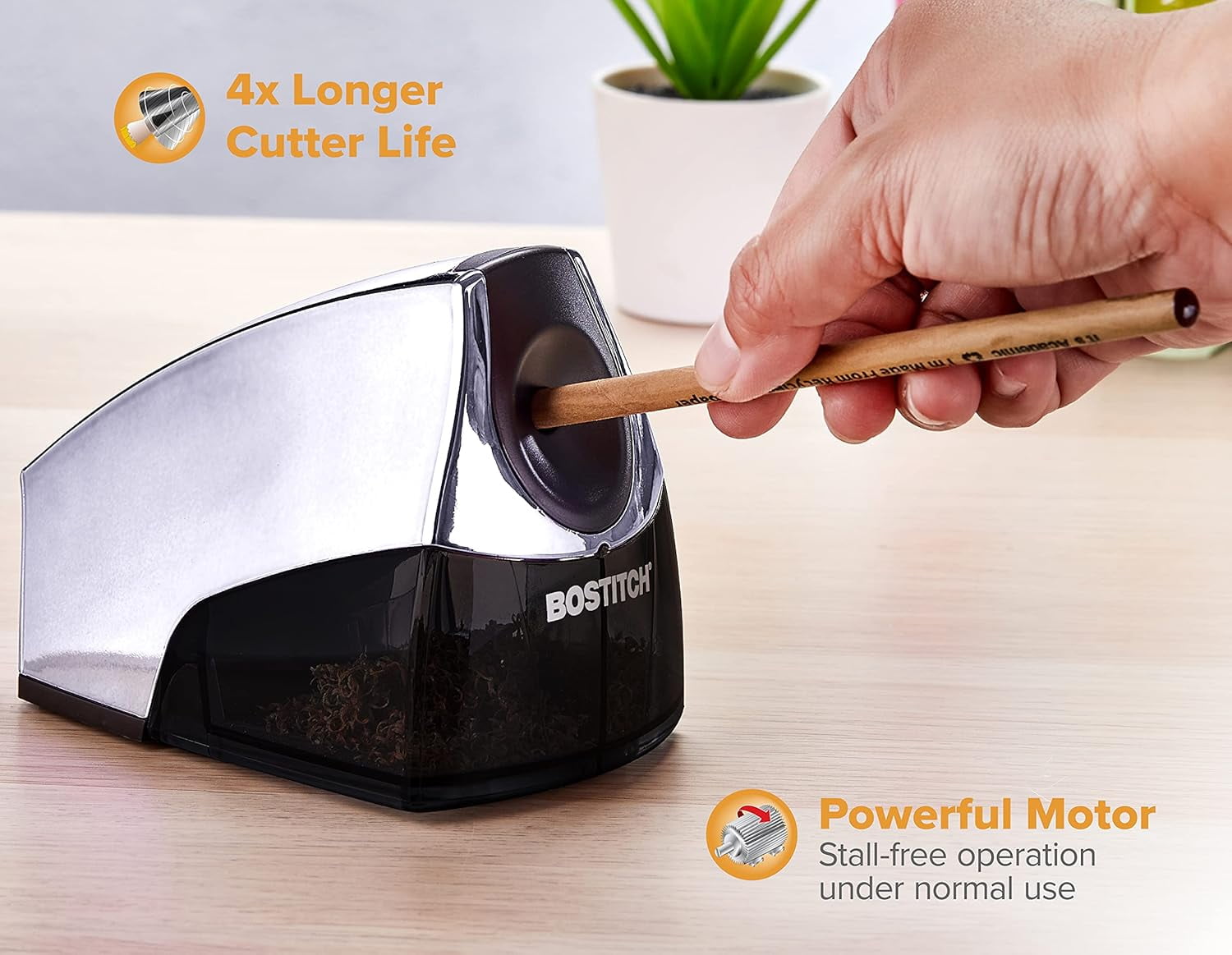 Office Electric Pencil Sharpener for Classroom & Desk Use, Heavy-Duty Stall-Free Motor, High-Capacity Shavings Tray, Chrome