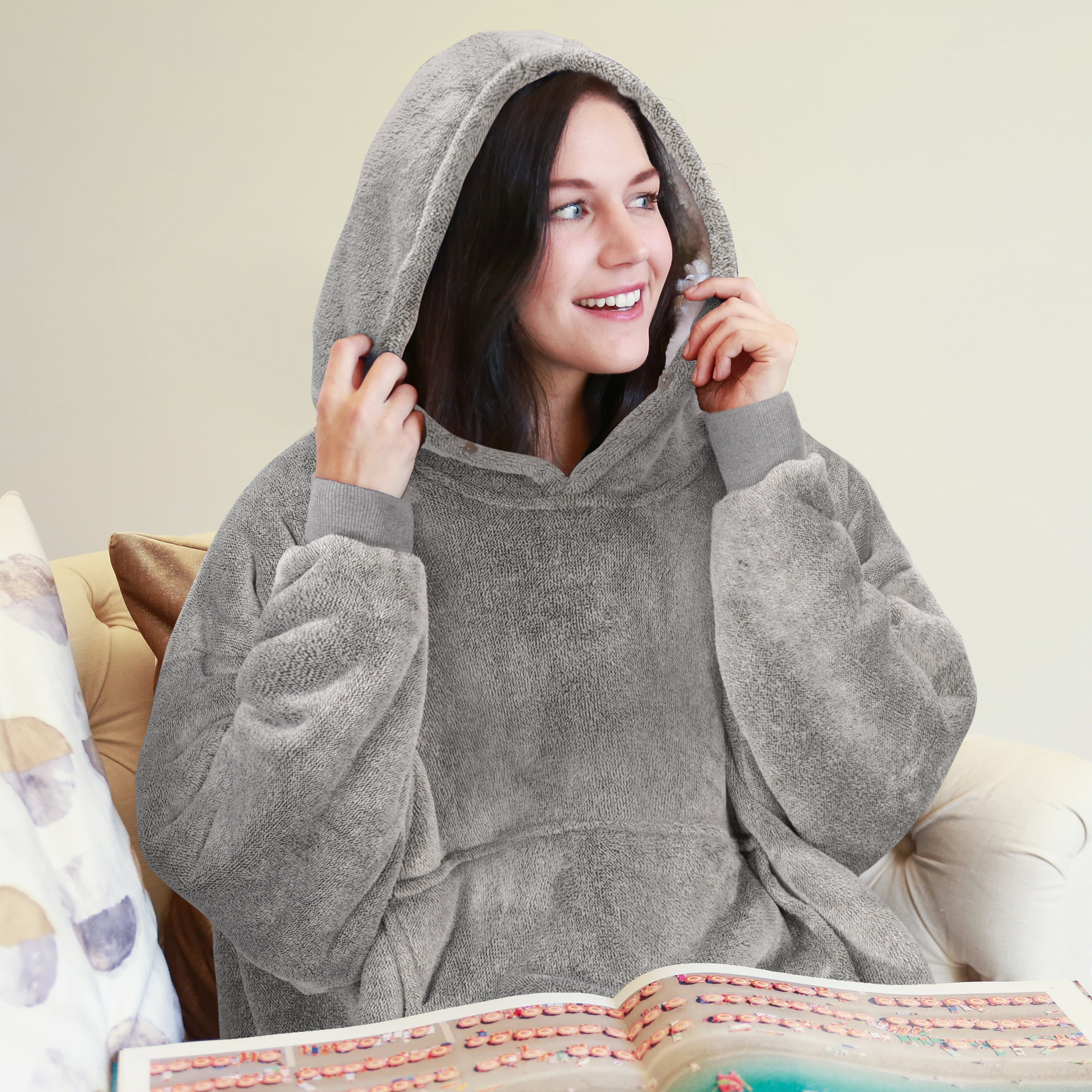 Catalonia Oversized Hoodie Blanket Sweatshirt, Comfortable Sherpa Lounging Pullover for Adults, Gifts for Women, Ash Grey