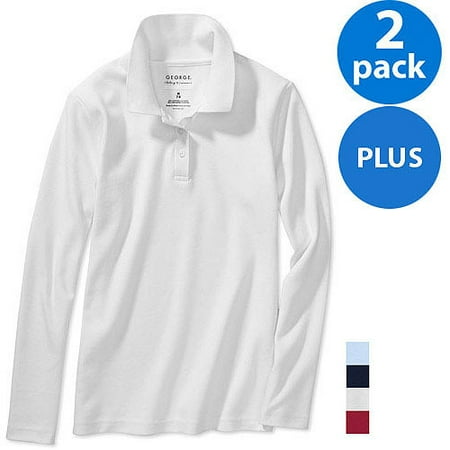 George Girls Plus School Uniforms Long-Sleeve Polo Shirts w Scotchgard, 2-Pack Value Bundle