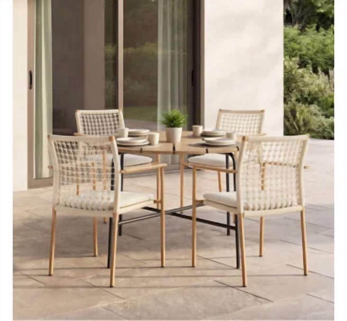 Spruce & Spring Modern Woven Rope Patio Dining Armchair Equipped With Cushion 4 Pieces For Outdoor Space Brown Woven Rope Fabric