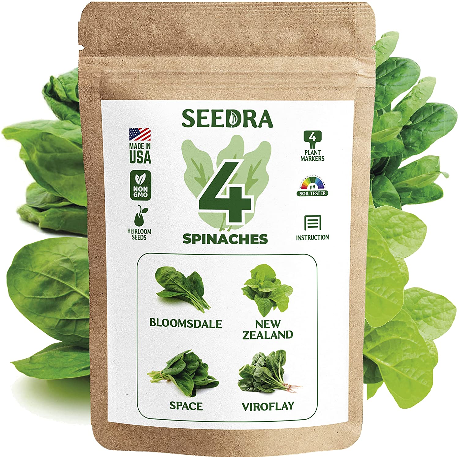 SEEDRA.US 4 Spinach Seeds Variety Pack 305+ Non GMO, Heirloom Seeds