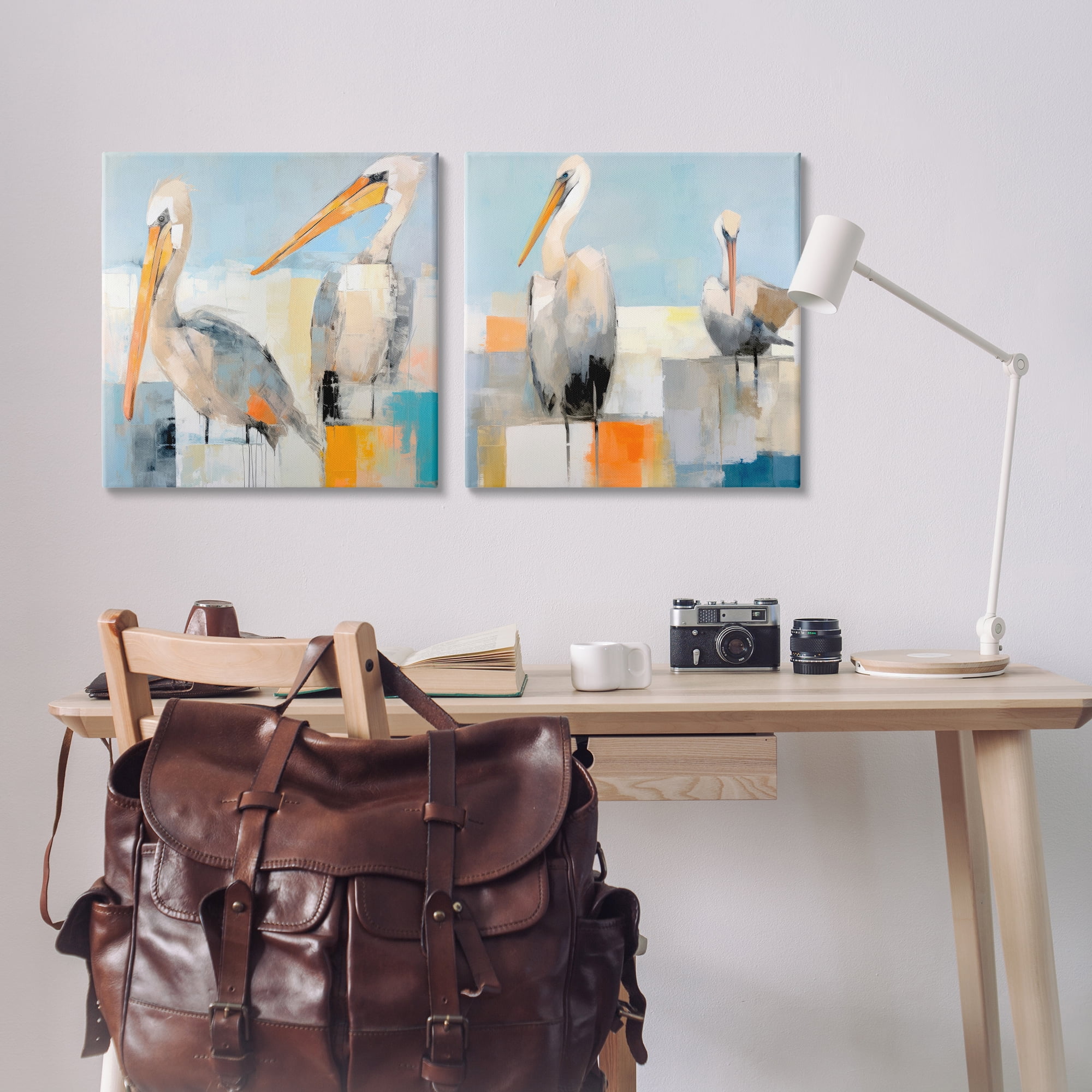 Stupell Industries Abstract Color Block Pelican Pair Animals Painting Wrapped Canvas Art Print Wall Art, 24 x 24, Set of 2