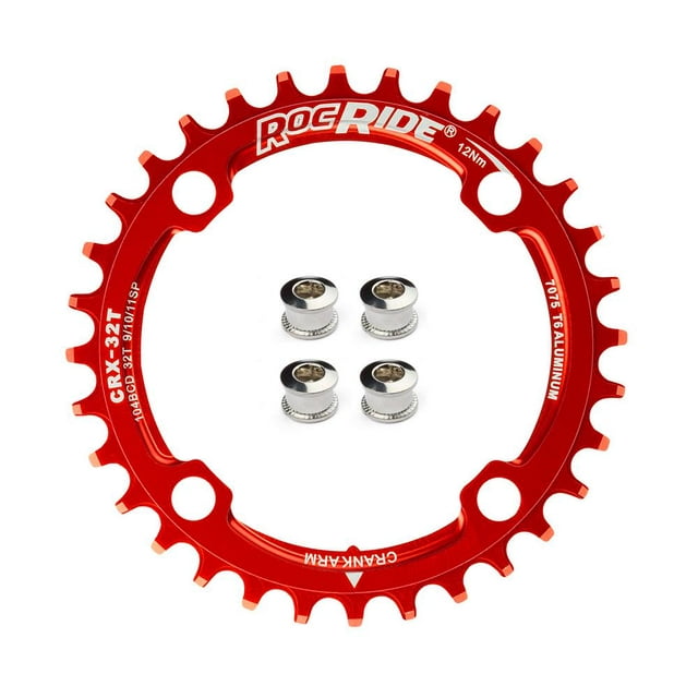 32T Narrow Wide Chainring 104 BCD Red Aluminum With 4 Steel Bolts By RocRide For 9/10/11 Speed.