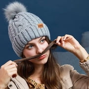 REDESS Women Winter Pompom Beanie Hat with Warm Fleece Lined, Thick Slouchy Knit Skull Ski Cap-Grey