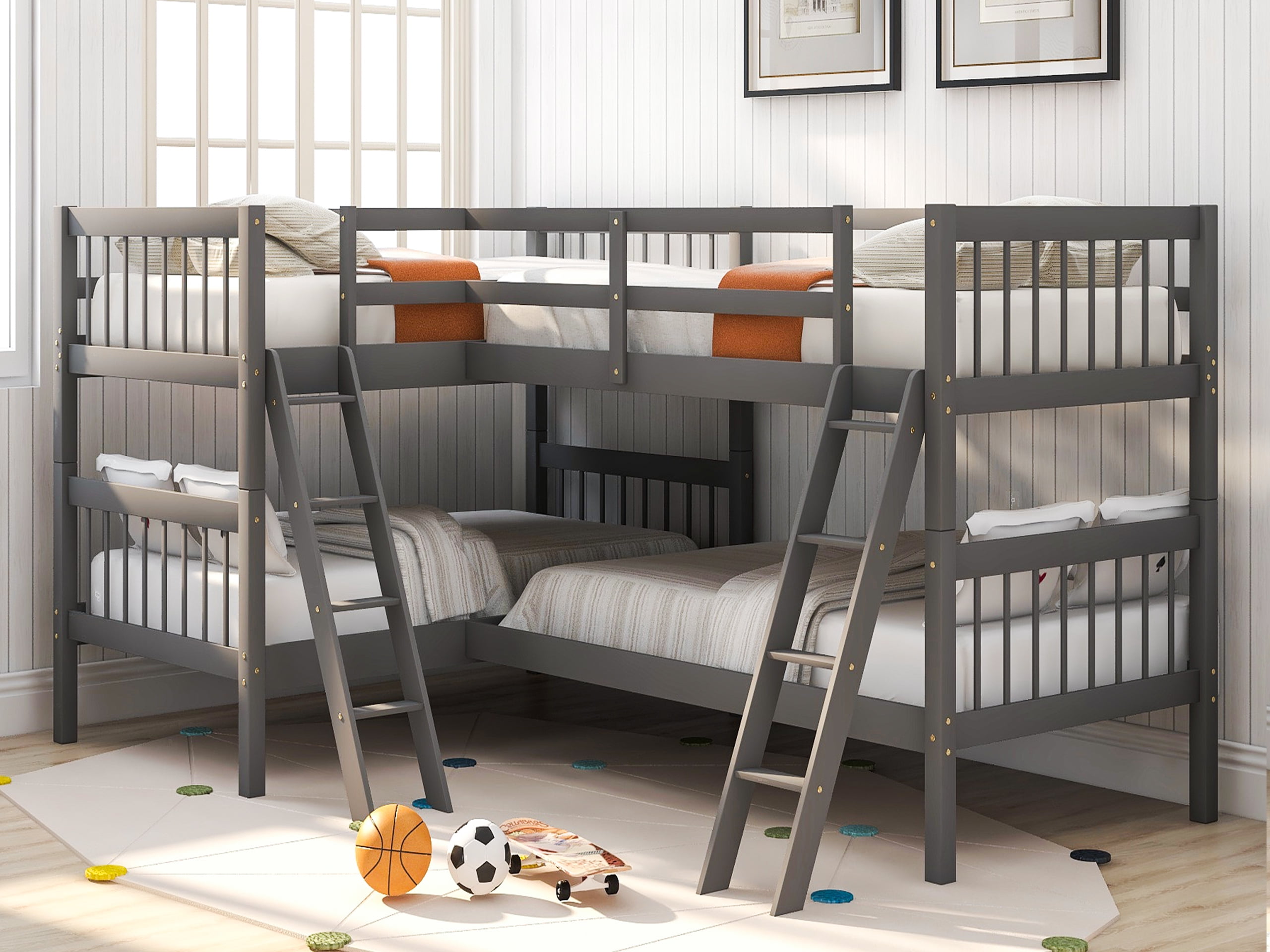 L Shaped Bunk Bed Twin Size Four Kids, Room With 2 Bunk Beds