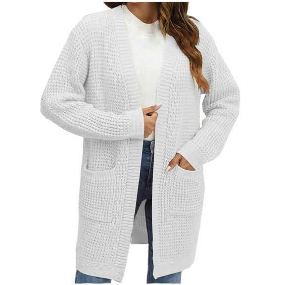Kaemgyyd Cardigan for Women Open Front Long Sleeve Soft Crochet Knit Sweaters Solid Color Outwear Coat with Pockets