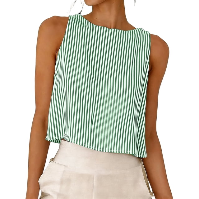 FAVIPT Womens Cotton Tank Top Button Down Stripes Print Cropped Shirts Crew Neck Summer Beach Loose Tees Green,S
