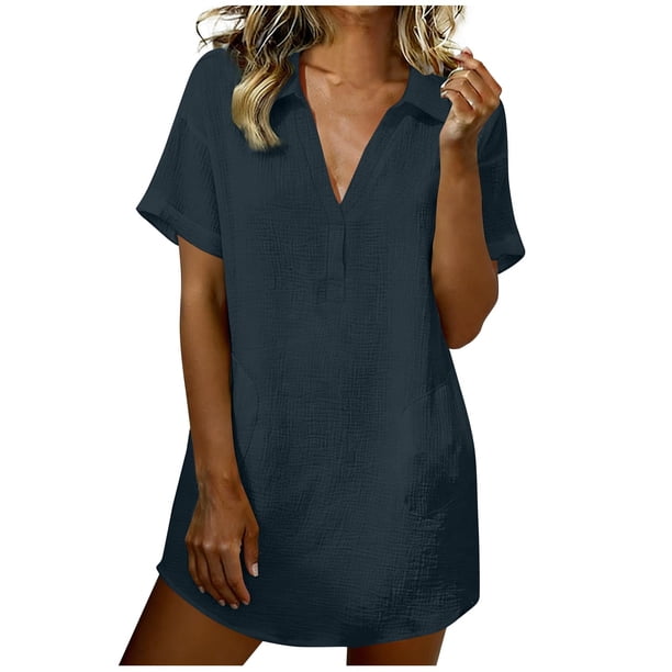 Vestido de Manga Larga para las Mujeres Caída Color Sólido Solapa Bolsillo de Manga Corta, Vestido Corto de Manga Larga para las Mujeres Longitud de Rodilla Casual