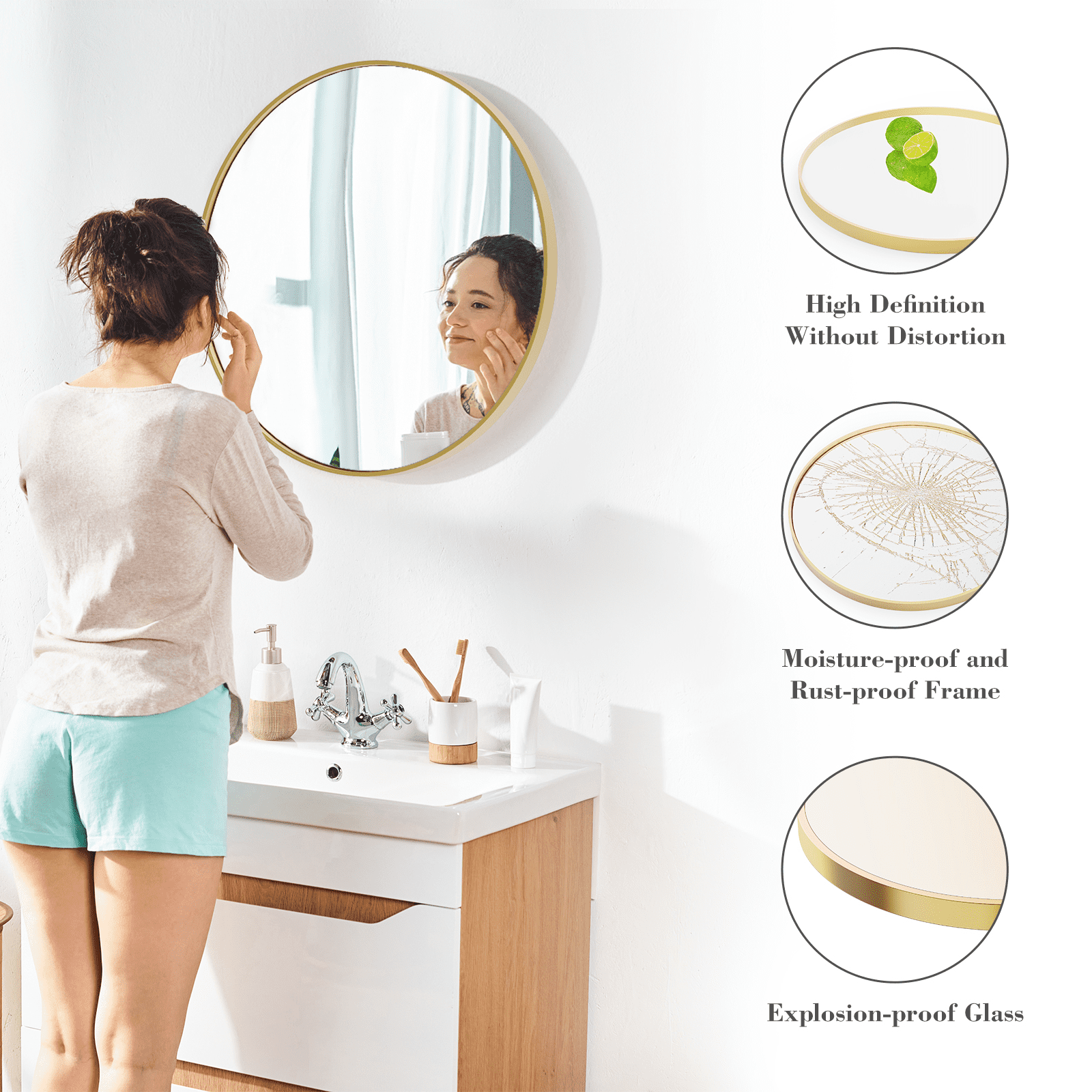 MAYEERTY 30" Round Wall Mirror - Aluminum Frame, Suitable for Vanity, Bathroom & Living Room, Gold